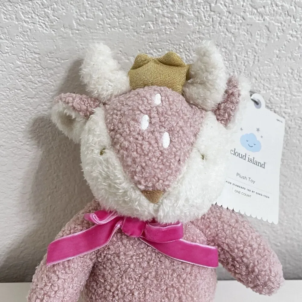 Cloud Island Pink Curly Fur Fawn Deer Plush Lovey with Crown Lovie 12